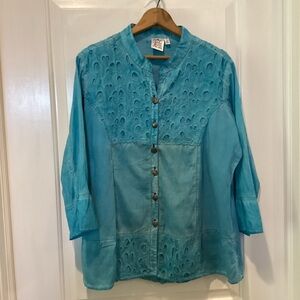Parsley & Sage Blue Boxy Mandarin Collar Blouse